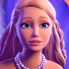 barbie doll with blonde hair and blue eyes wearing pearls on her necklace, looking at the camera