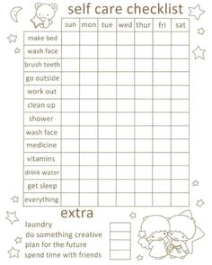 a printable self care checklist for kids with animals and stars in the background