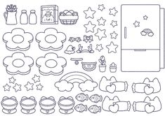 a black and white outline drawing of kitchen utensils, including an oven, refrigerator, potty pans, pots, and other items