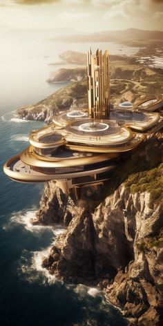 an artist's rendering of a futuristic building on top of a cliff by the ocean