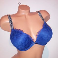 Victoria Secret Bra Very Sexy Bombshell Push Up Blue Shine Strap Logo Adds 2 Cup Sizes Lace Underwire New With Tags *Bundle To Save Chavonne11 110623 34a 34c 34d Blue Padded Bra For Party, Blue Party Bra With Padded Cups, Elegant Stretch Blue Bra, Elegant Blue Stretch Bra, Blue Padded Party Bra, Blue Party Bra With Underwire, Blue Push-up Bra With Removable Pads, Victoria's Secret Blue Bra With Padded Cups, Blue Push-up Bra With Padded Cups