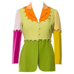 Unique 1990's Moschino Cheap and Chic vintage puzzle jacket featuring a color-block design in vibrant shades of yellow, orange, green and pink. As seen on Fran Dresher in the sitcom "The Nanny" The jacket consists of five separate parts that can worn all buttoned together or with certain parts removed- with or without collar, with long or short sleeves, as a long blazer or a cropped bolero. Made in Italy. Size: US size 6. Refer to the measurements for the best fit. Material- Rayon and Acetate Condition: Excellent Condition Measurements: Shoulders- 30" Bust- 33" Waist- 27" Length-26" Moschino Cheap And Chic 90s, Fran Nanny, Moschino 90s, Fran Dresher, Spongebob Musical, Painted Shirt, Interesting Clothing, Charcoal Jacket, Vintage Puzzle