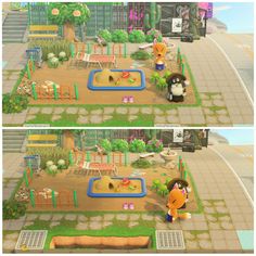 two pictures of an animal crossing the street and another photo of a park with animals in it