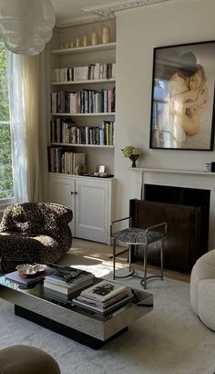 a living room filled with furniture and a fire place in front of a book shelf