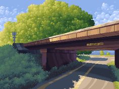 a pixelated image of a bridge over a road with trees and bushes on both sides