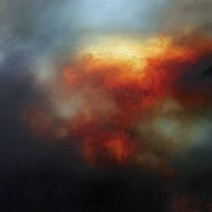 an abstract painting with red, orange and black colors on it's surface in the sky