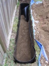 an empty garden bed in the middle of a yard with dirt and grass around it