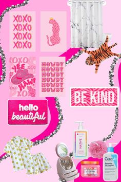 a collage of pink and white items on a pink background