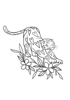 a black and white drawing of a cat sitting on top of a branch with flowers