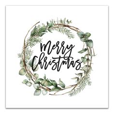 a christmas card with the words merry christmas surrounded by greenery and leaves on a white background