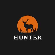 a deer standing in the grass with an orange sun behind it, and the word hunter written