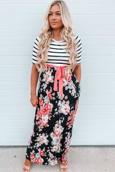 Floral Striped Color Block Lace-up High Waist Maxi Dress Striped Floral Print Dresses For Spring, Spring Floral Print Striped Dresses, Long Tshirt Dress, Leopard Satin Dress, High Waist Maxi Dress, Elegante Y Chic, Maxi Dress Online, Chambray Dress, Black Shirt Dress