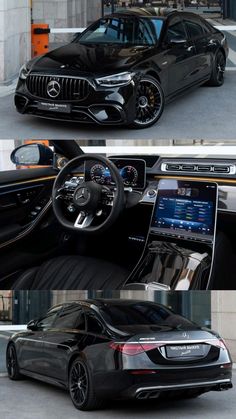 the inside and outside view of a black mercedes benz s - class coupe, with its dashboard