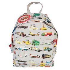 a white backpack with cars and trucks all over the front, on a white background