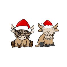 two cows wearing santa hats sitting next to each other