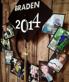 a graduation cap with pictures on it and the words,'graduation 2014 easy graduation wreath '