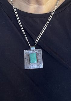 Recycled sterling and fine silver square pendent. Suspended from an 18 inch sterling silver chain. Artisan Sterling Silver Rectangular Necklace, Sterling Silver Square Pendant With Silver Chain, Artisan Sterling Silver Square Pendant Jewelry, Handmade Rectangular Turquoise Necklace, Silver Sterling Turquoise Necklace With Rectangular Pendant, Silver Jewelry With Soldered Square Pendant, Silver Square Pendant Jewelry With Soldered Details, Silver Square Pendant Jewelry, Artisan Jewelry With Large Rectangular Pendant