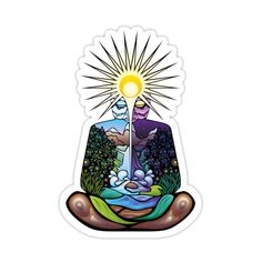 a sticker with an image of a person sitting in the lotus position and holding a light