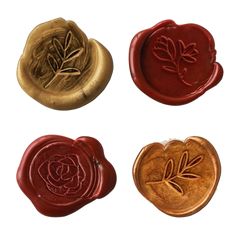 four wax seals with leaves on them in different shapes and sizes, including one for the letter o