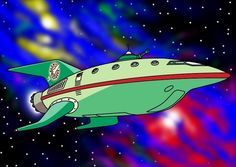 an animated image of a space ship flying through the sky with stars in the background