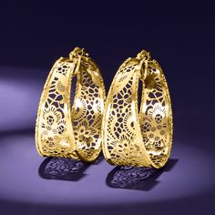 Ross-Simons - Italian 14kt Yellow Gold Textured, Polished Lace Hoop Earrings. 1 1/4". From Italy, these intricately designed hoop earrings will bring a delicate and feminine flair to your ensemble. Artfully crafted in beaming 14kt yellow gold, a lacy openwork pattern with textured and polished finishes shimmers at every turn. Hanging length is 1 1/4". Snap-bar, 14kt yellow gold lace hoop earrings. Elegant Metal Hoop Earrings With Filigree, Elegant Metal Hoop Earrings With Intricate Design, Elegant Small Hoop Earrings With Intricate Design, Gold Hoop Earrings With Elegant Design, Elegant Small Hoop Filigree Earrings, Elegant Gold Round Hoop Earrings, Metal Hoop Jewelry With Intricate Design, Formal Hoop Earrings With Intricate Design, Elegant Hoop Jewelry With Intricate Design