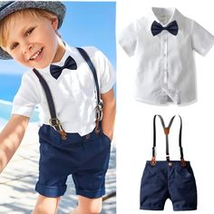 95% Organic Cotton & 5% Polyester: Eco-friendly, breathable and Hypoallergenic material. Care: Machine wash on low or delicate. Dry on gentle or low. Perfect Gift for birthdays, holidays, or just to make any day special for the little boys in your life.Set Includes: Button Down Shirt in white, Navy Blue Shorts and Bow Tie and Tripe Suspenders for casual, formal wear. Boys' Back-to-School Outfit. Kids Wedding Outfits Boys, Shorts With Suspenders, Kids Holiday Outfits, Suspenders For Kids, Navy Blue Shorts, Navy Shorts, Baby & Toddler Clothing, Boys Shirts, Outfit Set