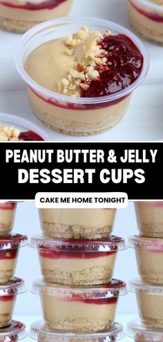 peanut butter and jelly dessert cups are stacked in plastic containers with the words, peanut butter and jelly dessert cups