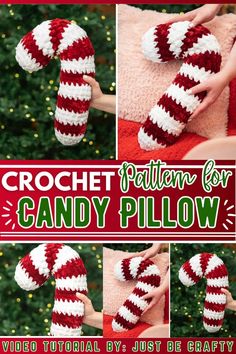 the crochet pattern for candy pillow is shown in red and white striped yarn