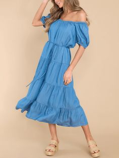 Blue Blue Washed Midi Length Denim Dress, Blue Washed Midi Denim Dress, Blue Washed Denim Midi Dress, Casual Tiered Denim Dress, Indigo Washed Dresses For Spring, Spring Indigo Washed Dress, Blue Ruffled Denim Dress For Brunch, Brunch Midi-length Dress In Medium Wash, Brunch Midi Dress In Medium Wash Denim