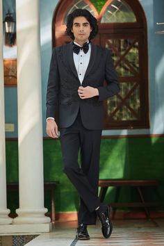 Black Terry Wool Embroidery Cutdana Brad Tuxedo Set