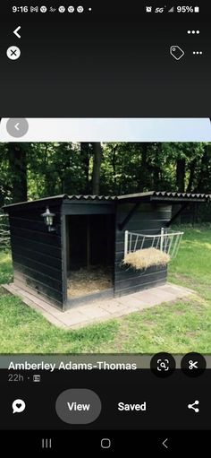 an iphone photo of a dog house with hay on the roof and in the back ground