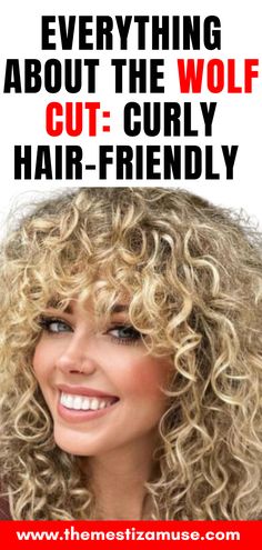 Woman with a wolf cut curly hair. Wolf Bangs Curly Hair, Wolf Cut For Curly Hair, Wolf Cut Haircut, Curly Hair Shag, Front Bangs Hairstyles, Haircut Inspired, 80s Mullet, 70s Shag, Short Hair Color Ideas