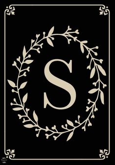 the letter s is surrounded by leaves and vines on a black background with white lettering