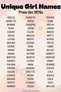 Unique girl names from the 1970s- some are still popular today! Retro names vintage names groovy vibes 🌼 #names #nameideas #girlnames #babygirl #girlmom #nameinspo #groovy #vintage #retro #retronames #flowerpower #1970s #babyshower #nursery #pregnancy #expecting #pregnant #babyfashion #genderreveal #unique #beautiful #namesforgirls #babynames #pregnancyannouncement #mother #motherhood #maternity #fashion 1980s Names, 60s Names, 70s Names, Crazy Girl Names, Vintage Names Girl, Retro Names, Exotic Names, Cool Boy Names, Female Character Names