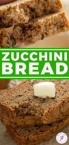 zucchini bread with cream cheese on top and the words zucchini bread above it