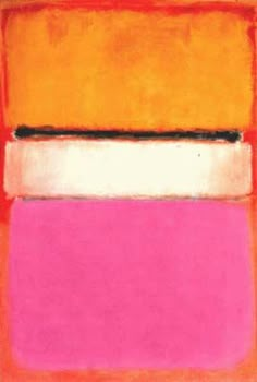 an abstract painting with orange, pink and white stripes on the bottom half of it