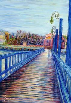 a painting of a person walking across a bridge