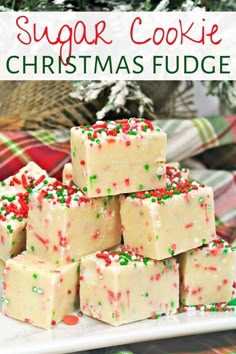 sugar cookie christmas fudge on a white plate