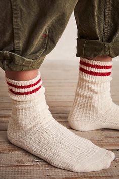 Keep cozy in these so soft knit socks. **Fit:** Crew length **Features:** Marled design, striped trim, and contrasting toe and heel details **Why We | Jackson Cozy Stripe Socks at Free People in Classic Red Cosy Socks Aesthetic, Taylin Core, Stocking Socks, Fall Socks, Stripe Socks, Cozy Socks, Winter Socks, Striped Socks, Socks And Sandals