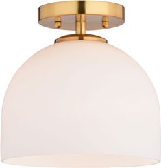 an image of a light fixture with white glass shade on the bottom and gold trim