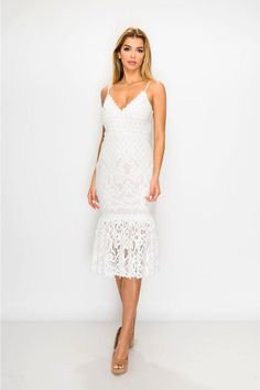 This white, lace, form-fitting dress is the perfect party dress or a dressy date night option. It's super cute, but also very comfortable. It comes with built-in padding so you don't have to worry about picking out the perfect bra. It makes looking good - effortless. *** underlayer of dress is tan instead of white as pictured. Fitted Delicate Lace Dress For Night Out, White Lace Fitted Bodycon Dress, White Fitted Lace Bodycon Dress, Elegant Dresses With Delicate Lace For Night Out, Chic Fitted Midi Dress With Lace Bodice, Elegant Lace Dress With Sweetheart Neckline For Date Night, Fitted Midi Dress With Delicate Lace For Party, Fitted Lace Dress With Lace Bodice In Midi Length, Fitted Delicate Lace Midi Dress For Party