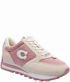 COACH Runner Signature Logo Retro Lace-Up Sneakers | Dillard's Pink Leather Jogging Sneakers, Pink Leather Sneakers For Jogging, Coach High-top Sneakers With Contrast Sole, Coach Lace-up Sneakers, Coach Lace-up Sports Sneakers, Coach Round Toe Sneakers For Sports, Casual Coach Sneakers With Contrast Sole, Suede Sneakers With Leather Trim, Sporty Suede Sneakers With Leather Trim