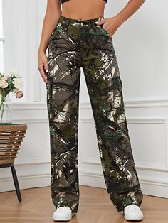 Army Green  Collar  Denim Plants Wide Leg Embellished Non-Stretch  Women Clothing Ripped Jeans High Waisted, Leaves Print, Tall Jeans, Printed Jeans, Women Denim Jeans, Casual Denim, Kids Beachwear, Denim Pant, High Jeans