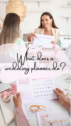 two women sitting at a table with their wedding planner on it and the words what does a wedding planner do?