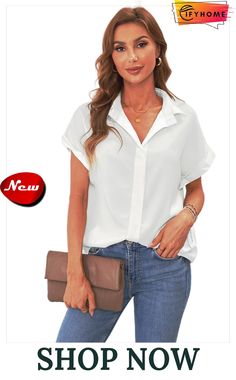 White Collared Button Short Sleeves Shirt Casual Plain Office Shirt, Solid Color Button-up Top With Rolled Sleeves, Casual Solid Color Blouse For Business Casual, Casual Office Tops With Rolled Sleeves, Casual Business Blouse In Solid Color, Trendy White Tops For Business Casual, Solid Color Buttoned Tops For Business Casual, Solid Buttoned Tops For Business Casual, Solid Color Business Casual Tops With Buttons