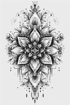 a black and white drawing of a flower on a light gray background with ornate details