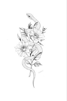 a drawing of flowers and a snake on a white background