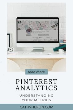 a computer monitor sitting on top of a desk with the words pinterest statistics underneath it