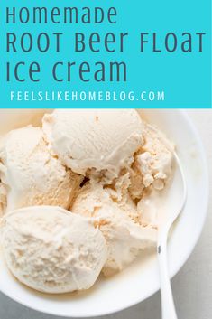 homemade root beer float ice cream in a white bowl with a spoon on the side