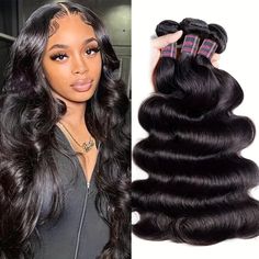 Model With Long Body Wave Hair Next to Three Bundles of Natural Black Hair Indian Hair Color, Body Wave Weave Hairstyles, Brazilian Human Hair Weave, Tangle Free Hair, Body Wave Bundles, Colored Weave, Brazilian Body Wave Hair, Create Account, Homecooked Meals